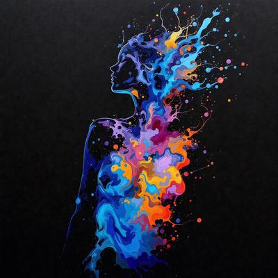 The primary subject of the image is a woman, who is the main focus of the scene. She is depicted in a colorful, artistic manner, with a mix of blue, orange, and purple colors. The setting is a black background, which contrasts with the vibrant colors of the woman. The visual style of the image is a combination of digital art and illustration, creating a unique and eye-catching representation of the woman. The overall atmosphere of the image is lively and energetic, with the woman's vivid colors and the dynamic nature of the artwork.